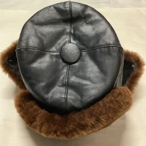 Black Leather Hat with Brown Fur Trim